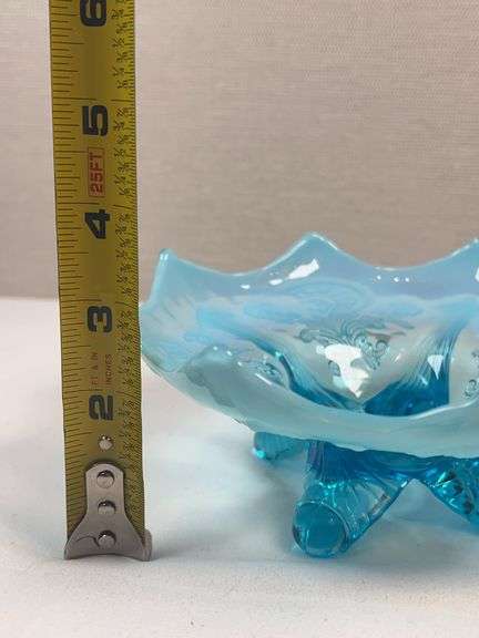 DUGAN BLUE OPALESCENT FOOTED NOVELTY BOWL