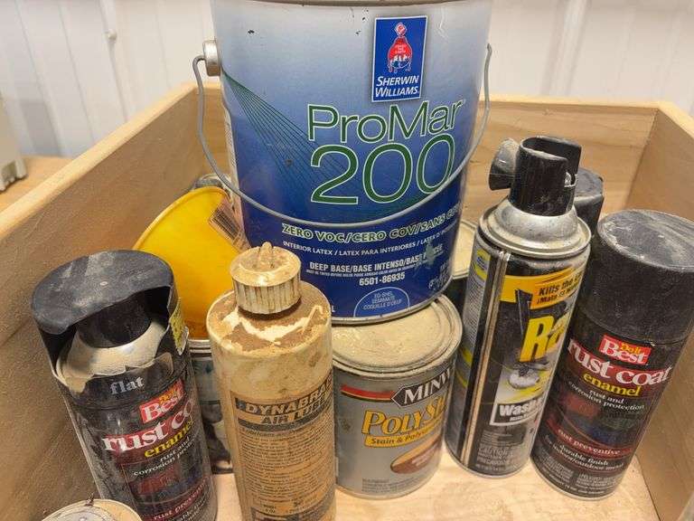 Wooden box & other box of spray paint & stain, brake & parts cleaner, degreaser & more