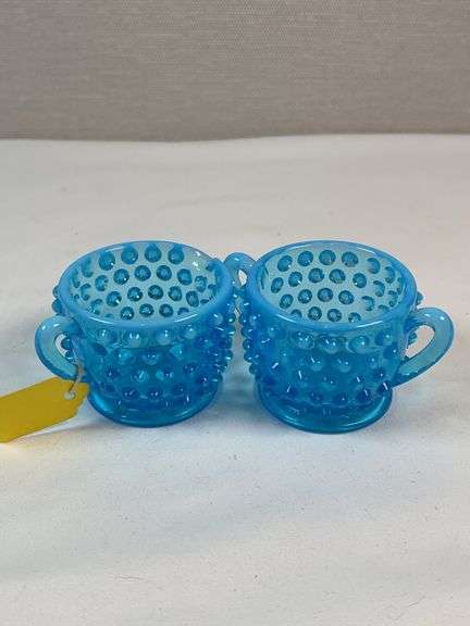 Fenton Blue Opalescent Hobnail Toothpick Holders (Pair)