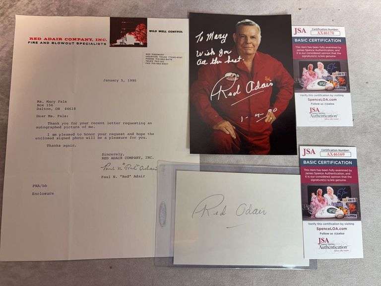 Red Adair Signed Color Photo - JSA, Signed index card & letter