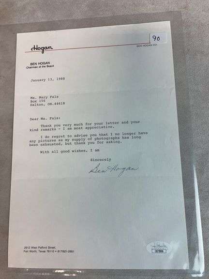 Ben Hogan Signed Typed Signed Letter - JSA