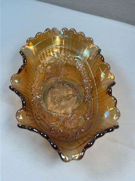 Imperial Marigold Carnival Glass “Lustre Rose” Oval Relish