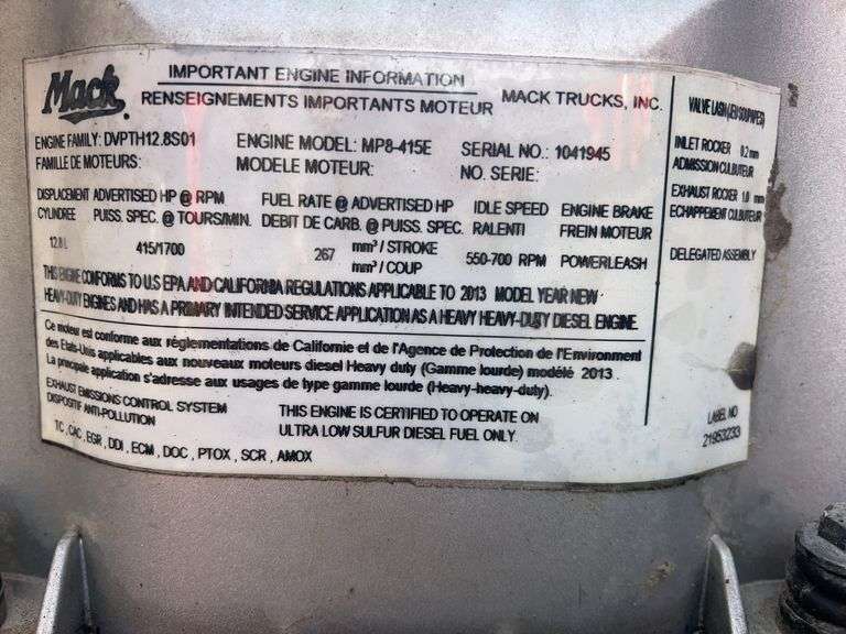 2014 Mack CHU613 showing 498,610 mi, 11,275 hrs - runs