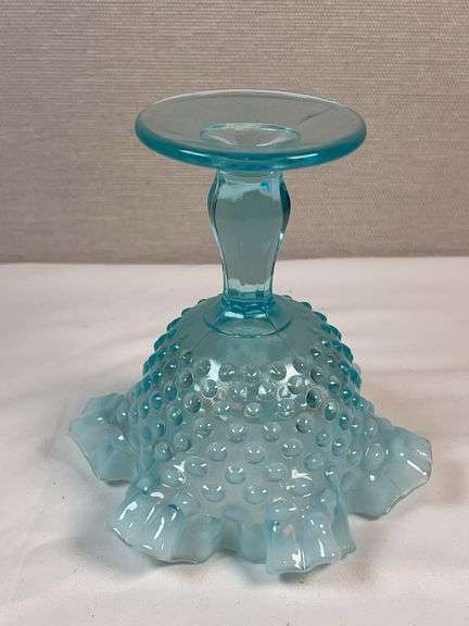 Fenton Blue Opalescent Hobnail Ruffled Edge Footed Compote