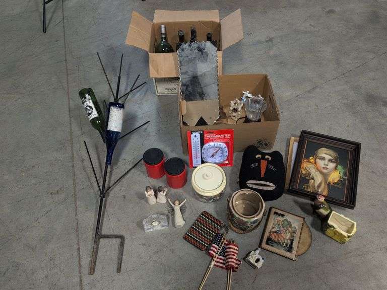 Household items - decor, thermometer, stand with wine bottles, and more