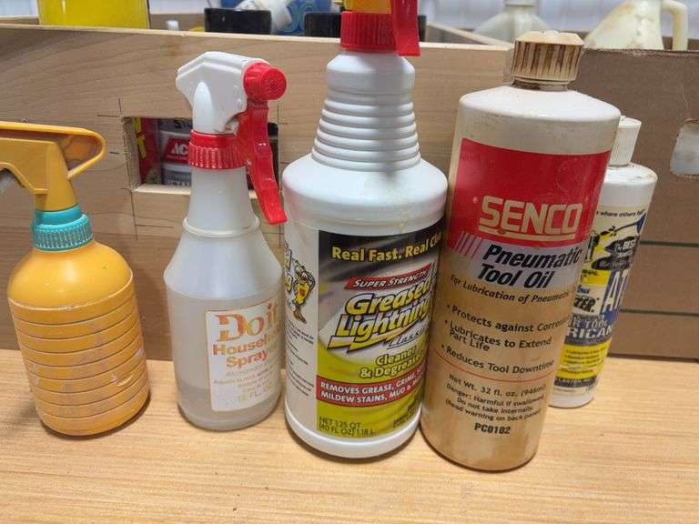 Wooden box & other box of spray paint & stain, brake & parts cleaner, degreaser & more