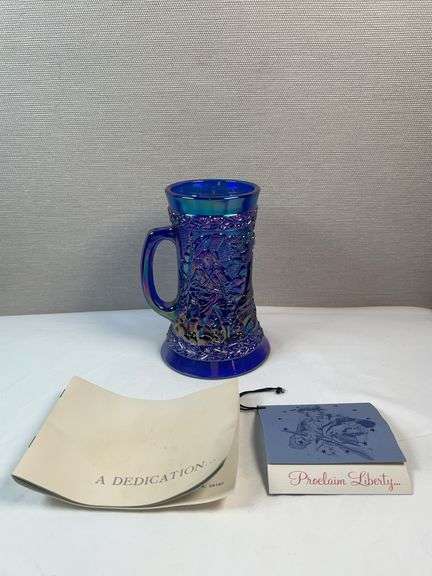 Fenton American Bicentennial 1776-1976 Purple Irid Blue Carnival Glass Mug Stein