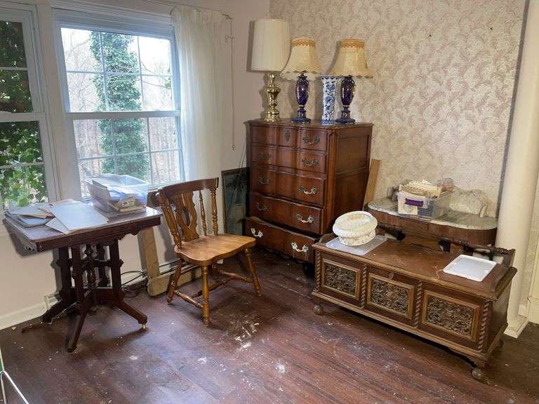 Marble top stand, storage chest, chair, chest of drawers, and more