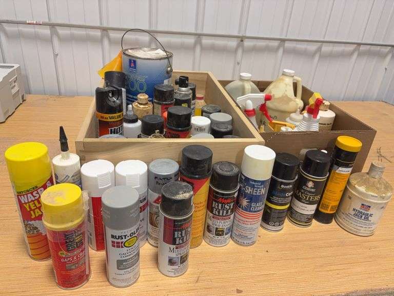 Wooden box & other box of spray paint & stain, brake & parts cleaner, degreaser & more