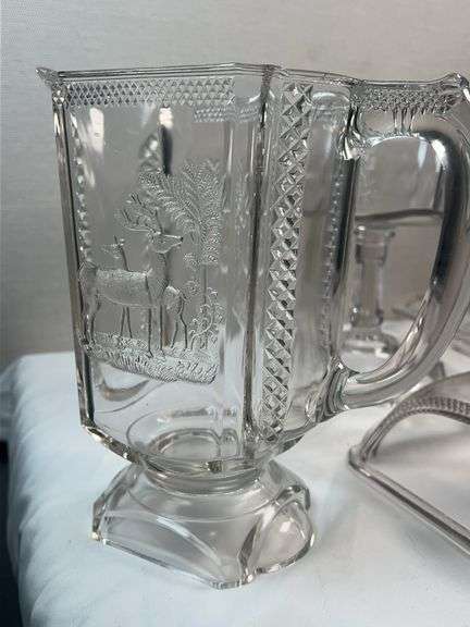 ANTIQUE MCKEE EAPG DEER AND PINE TREES GLASS SET