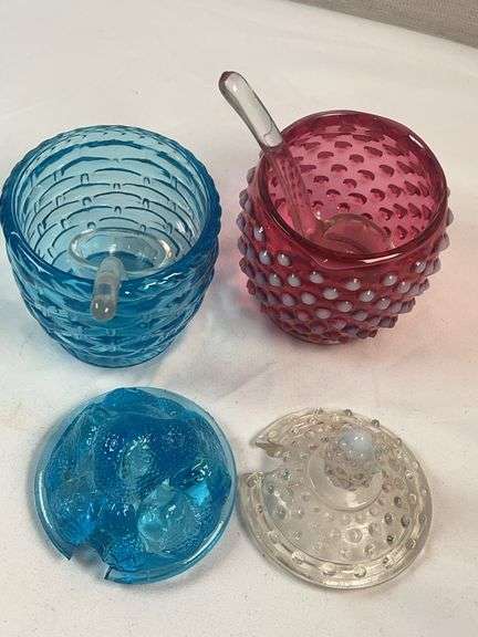 Fenton & Smith Art Glass Honey Jars – Hobnail & Daisy-Button w/ Spoons