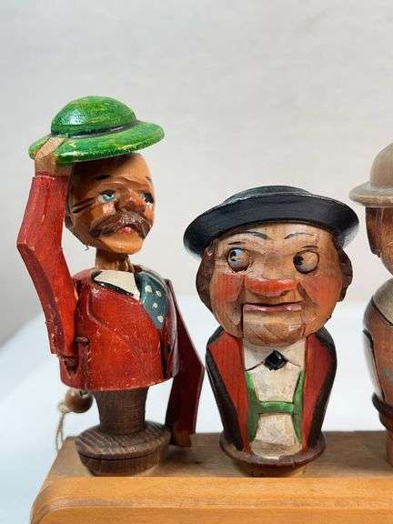 Vintage Hand-Carved Italian “Corkscrew Men” Moving Bottle Stopper Display – 6 Pc Automata Set