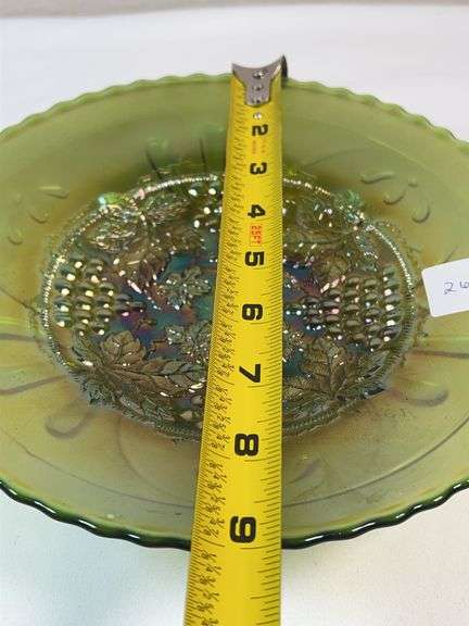 Northwood Green Grape & Cable Carnival Glass Footed Bowl