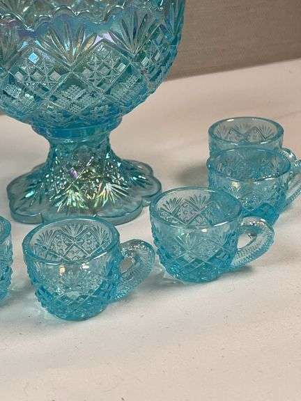 Westmoreland Blue Iridescent Mini Punch Bowl Set w/ 6 Cups – Daisy & Button Pattern