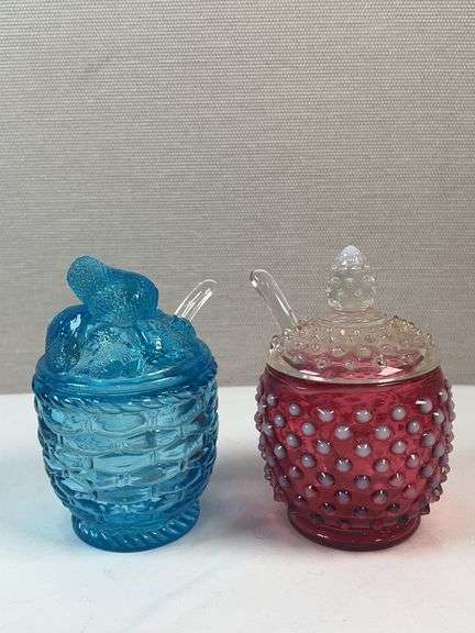 Fenton & Smith Art Glass Honey Jars – Hobnail & Daisy-Button w/ Spoons