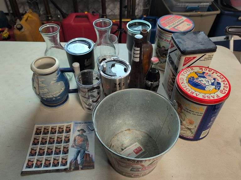 Vintage tins, mugs, milk bottles, and more