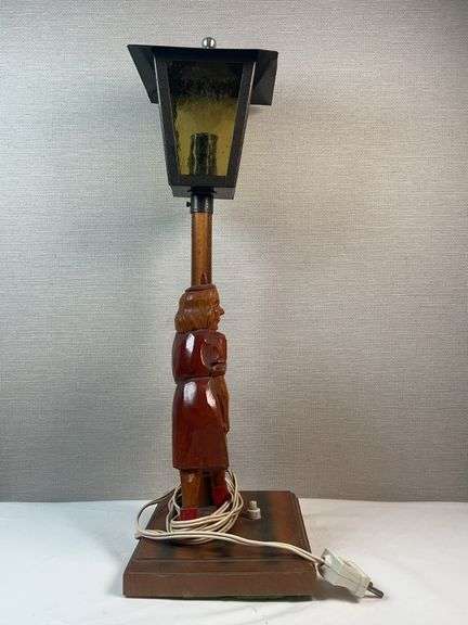 Vintage Hand-Carved Wood Drunkard Street Lamp Table Lamp