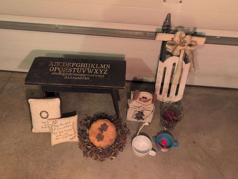 Outdoor/indoor decor - small bench, mini sled, wooden snowman, and other seasonal decor