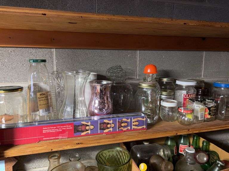 Shelf and Box of miscellaneous vintage jars and bottles