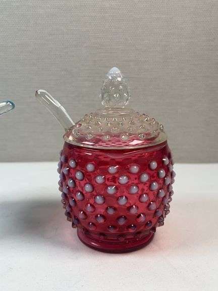 Fenton & Smith Art Glass Honey Jars – Hobnail & Daisy-Button w/ Spoons