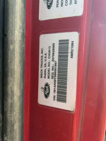 2008 Mack CHU613 showing 63,099 mi, 1,155 hrs- runs