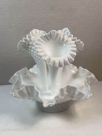 Fenton White Hobnail 3-Horn Epergne