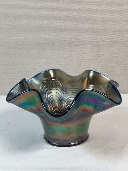 Fenton Blue Carnival Glass Peacock Tail Ruffled Nut Bowl