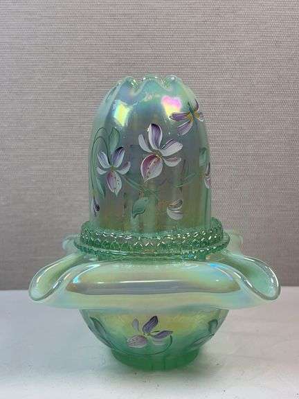 FENTON FAIRY LAMP Sea Mist Green Iridized