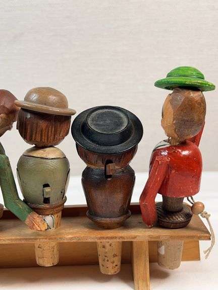 Vintage Hand-Carved Italian “Corkscrew Men” Moving Bottle Stopper Display – 6 Pc Automata Set