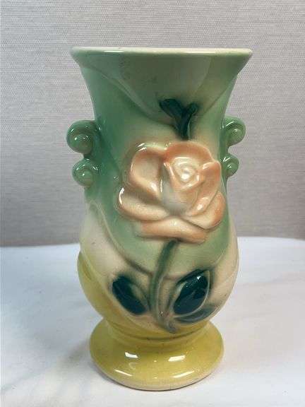 Pair of Vintage Vases – Amber Art Glass & USA Rose Pottery