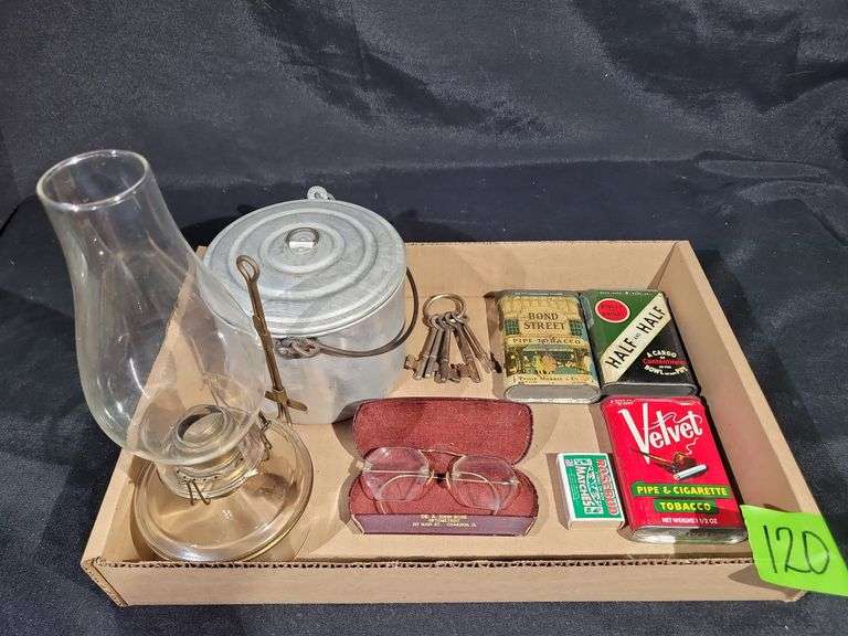 TOBACCO TINS, SKELETON KEYS , METAL LUNCH BOX , GLASSES