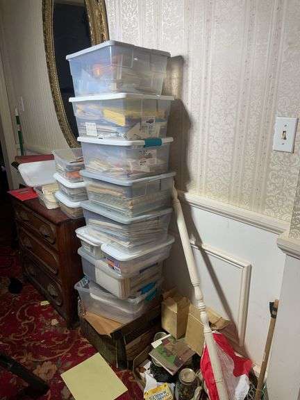 Totes of items, marbles, pins, stand, and more