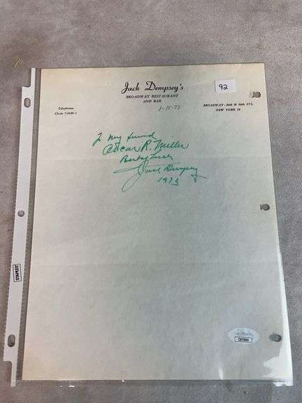 Jack Dempsey Signed Jack Dempsey Restaurant Leaderhead - JSA