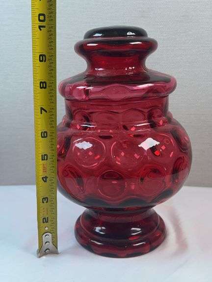 Fenton Cranberry Glass Thumbprint Coin Dot Covered Apothecary Candy Jar Dish