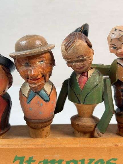 Vintage Hand-Carved Italian “Corkscrew Men” Moving Bottle Stopper Display – 6 Pc Automata Set