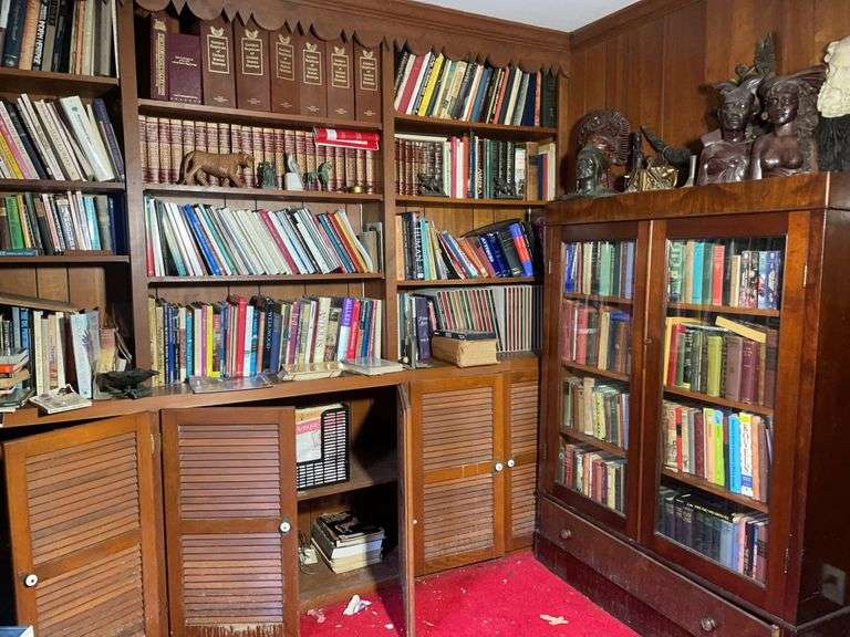 Cabinet, large assortment of books, decor, and more