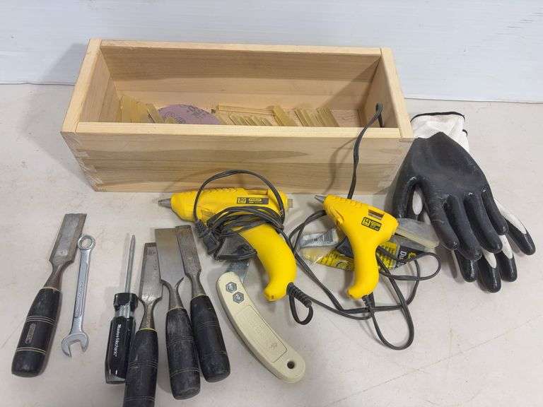 (2) Stanley glue guns, chisels & gloves
