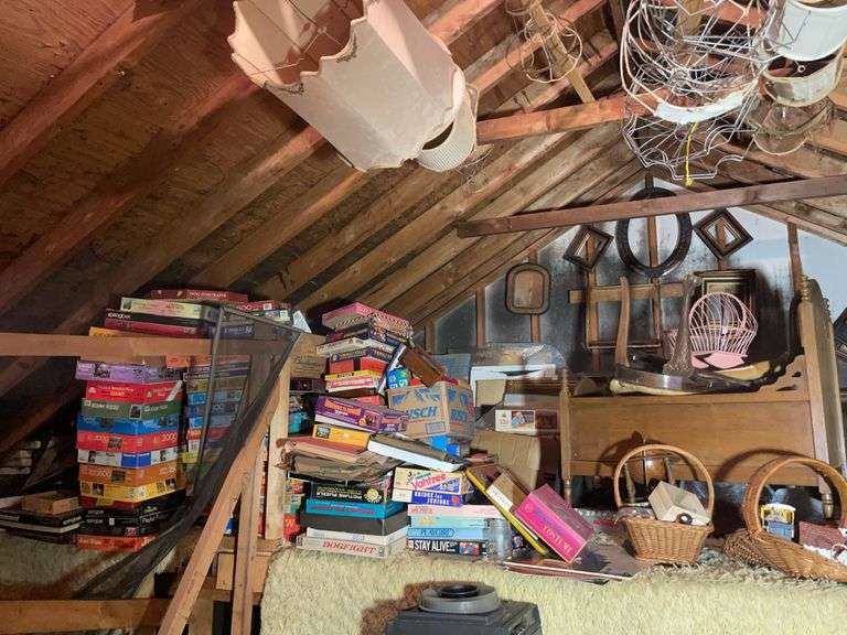 Large assortment of vintage items - board games, furniture, picture frames, baskets, bow, and much m