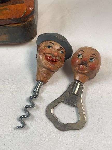 Vintage Italian Carved Music Box w/ Matching Corkscrew & Bottle Opener Set