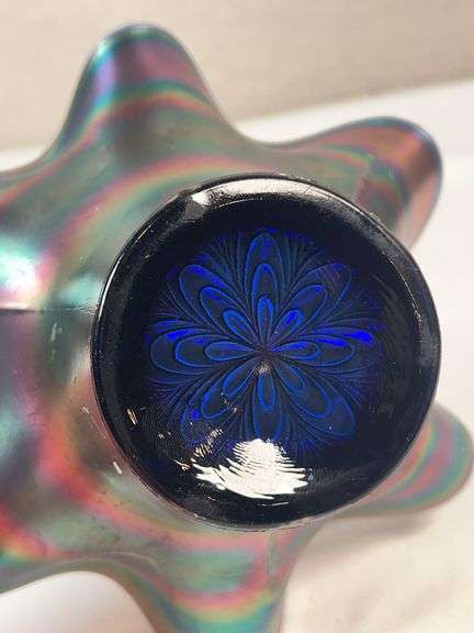 Fenton Blue Carnival Glass Peacock Tail Ruffled Nut Bowl