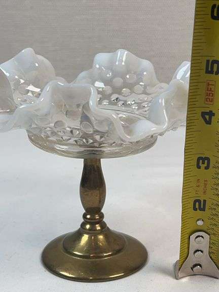 Fenton Hobnail Milk Glass Compote on Brass Base