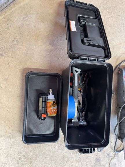 Tool Box with misc tools hammer, pliers tape etc.