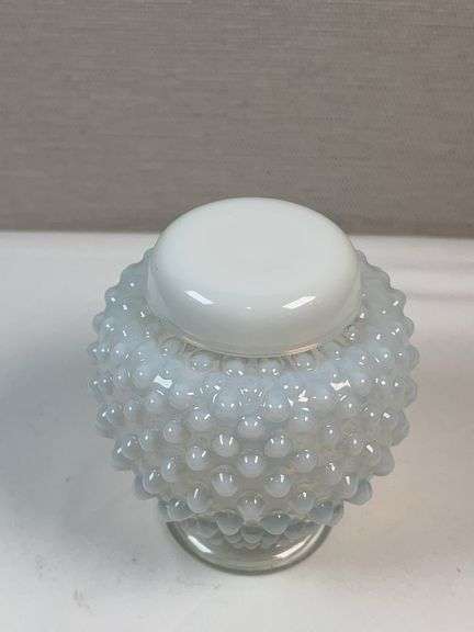 Fenton White Clear Glass Hobnail French Opalescent Ginger Jar Vase