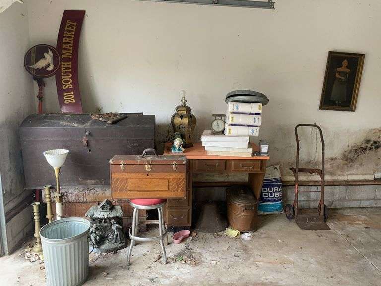 Contents of corner - large chest, galvanized trash can, bell, copper boiler & more