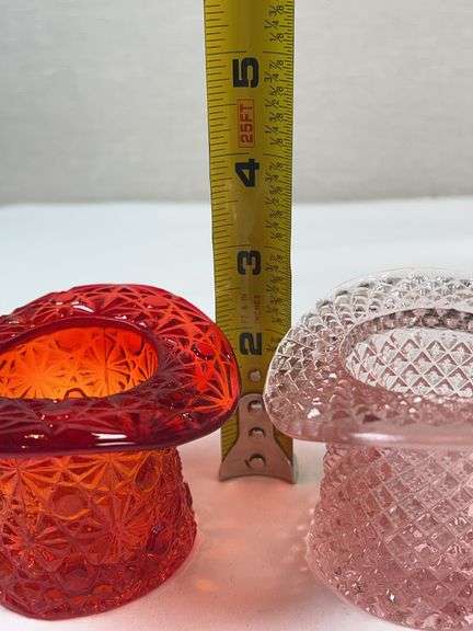 Daisy & Button Amberina and Pink Diamond-Point Glass Top Hats – Pair