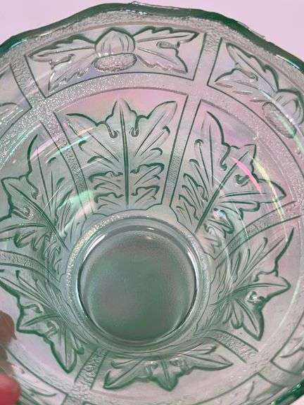 Jeannette “Iris & Herringbone” Iridescent Green Vase / Spooner