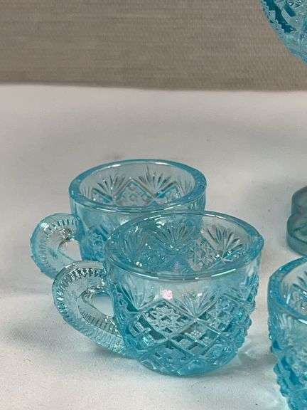 Westmoreland Blue Iridescent Mini Punch Bowl Set w/ 6 Cups – Daisy & Button Pattern