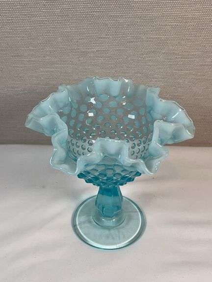Fenton Blue Opalescent Hobnail Ruffled Edge Footed Compote