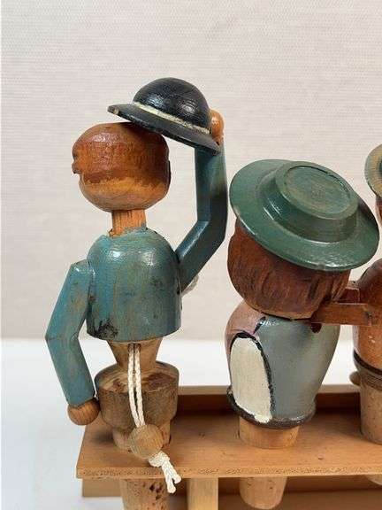 Vintage Hand-Carved Italian “Corkscrew Men” Moving Bottle Stopper Display – 6 Pc Automata Set