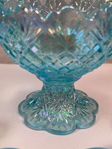 Westmoreland Blue Iridescent Mini Punch Bowl Set w/ 6 Cups – Daisy & Button Pattern